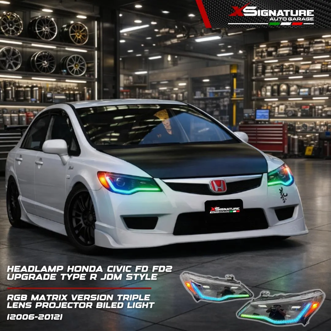 HEADLAMP HONDA CIVIC FD FD2 (2006-2012) UPGRADE TYPE R JDM STYLE RGB MATRIX VERSION TRIPLE LENS PROJECTOR BILED LIGHT