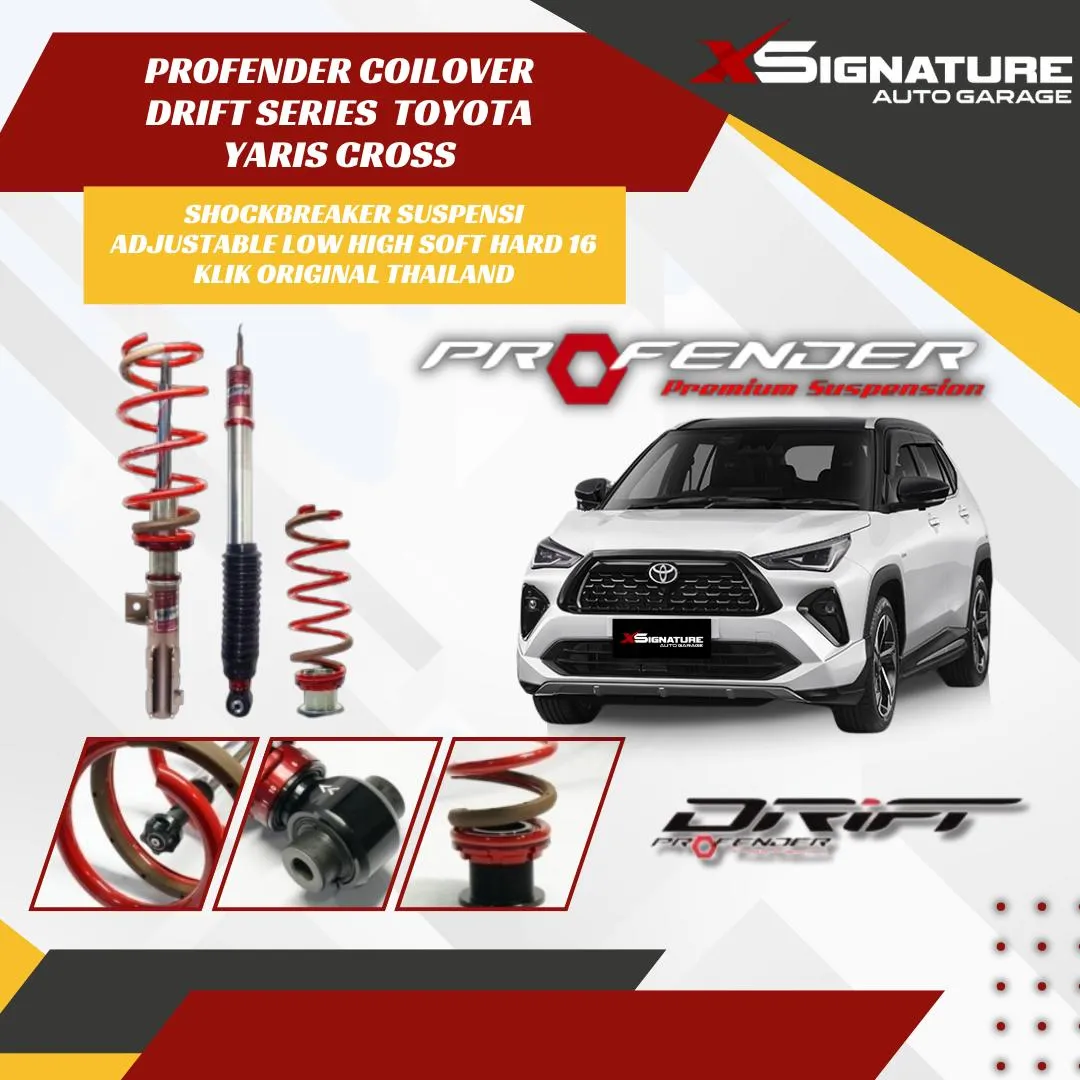 PROFENDER COILOVER DRIFT SERIES YARIS CROSS SHOCKBREAKER SUSPENSI ADJUSTABLE LOW HIGH SOFT HARD 16 KLIK ORIGINAL THAILAND