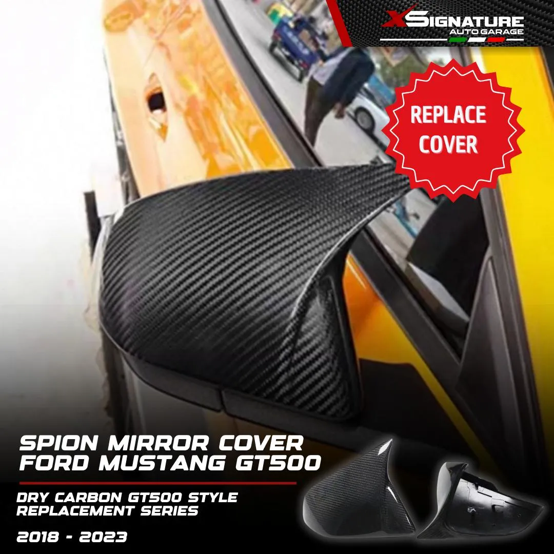 FORD MUSTANG (2013-2023) 2.3 ECOBOOST / 5.0 GT500 STYLE DRY CARBON FIBER SIDE MIRROR COVER SPION REPLACEMENT SERIES (SYSTEM GANTI BUKAN TEMPEL COVER) ORIGINAL DRY CARBON FIBER 100% BUKAN CARBON CELUPAN ATAU STICKER